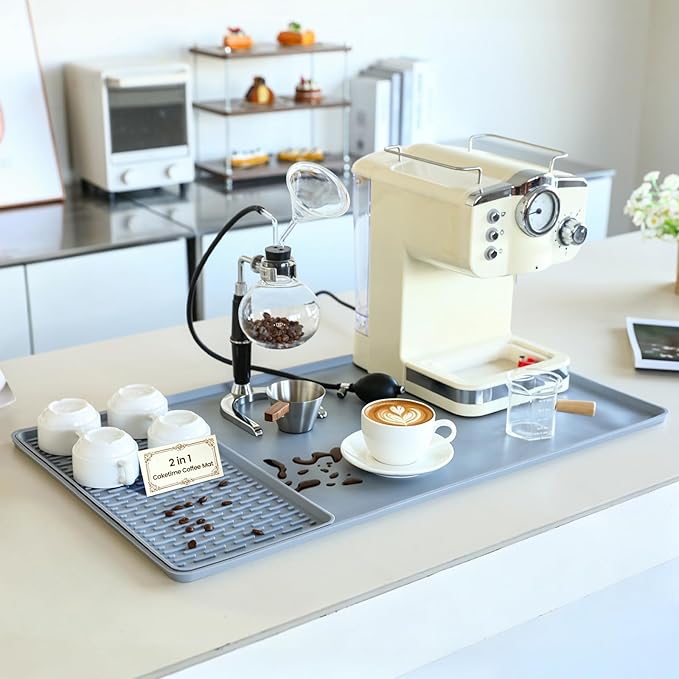 2 In 1 Extra Large 16"x28" Silicone Coffee Bar Mat Accessories for espresso Machine Detachable Dish Drying Rug Rack Stone Kitchen Dining Gears Coffee Station Home Decor Clearance Light Gray