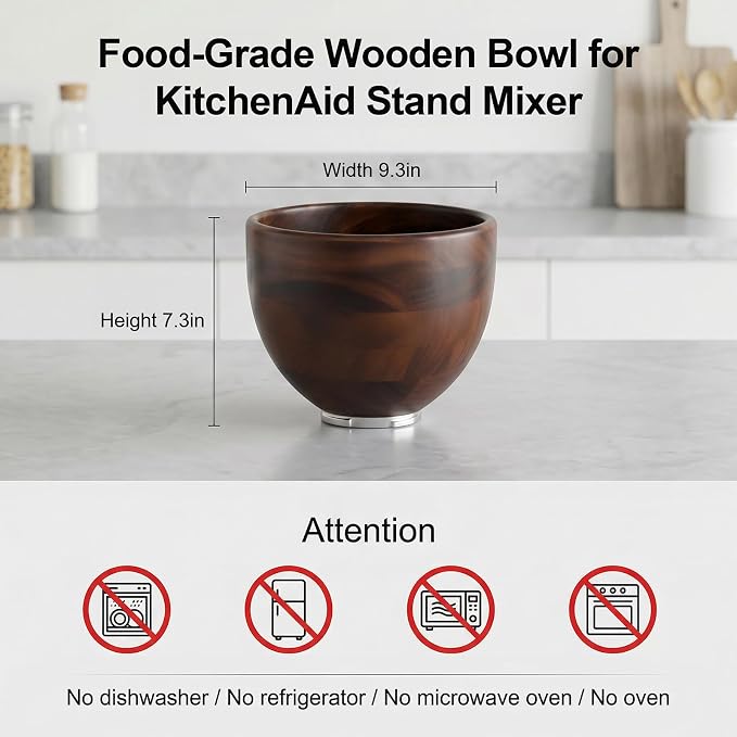 GVODE Wooden Bowl for KitchenAid 4.5-5 QT Tilt-Head Stand Mixer,Mixing Bowl | Solid Acacia, Fits Mixer Models (K45SS KSM150PS KSM175), Natural Handcrafted Wooden Bowl with Stainless Steel Locking