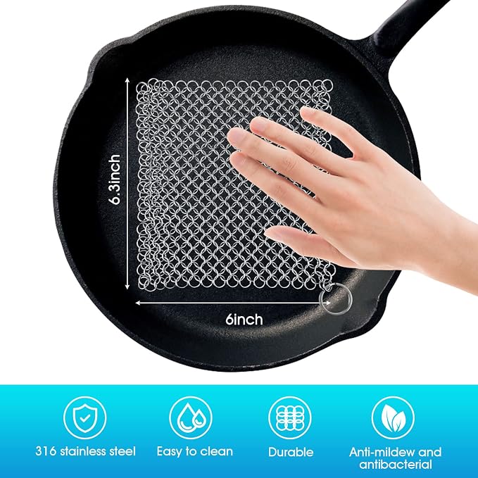 Cast Iron Cleaner 6"x6.3" 316L Stainless Steel Chainmail Scrubber for Griddle Skillet Dutch Oven Wok Stainless Steel Pot Cast Iron Pan Support Dishwasher Cleaning