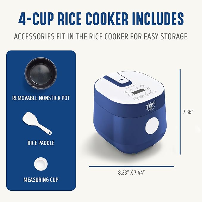 GreenLife Digital Rice Cooker, 2-Cups Uncooked/4-Cups Cooked, Navy Blue | PFAS-Free Ceramic Nonstick Coated 1.5QT Pot, One-Touch Presets, Oats, Quinoa, Brown Rice, Auto Warming, Fuzzy Logic Tech