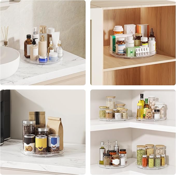 2 Pack Lazy Susan Turntable Organizer with Non-Slip Mat, 9 Inch, Clear | 360 Rotating, Easy Clean, Spice Rack for Kitchen Counter, Pantry Cabinet, Fridge, Spinning Tray for Bathroom, Makeup Vanity