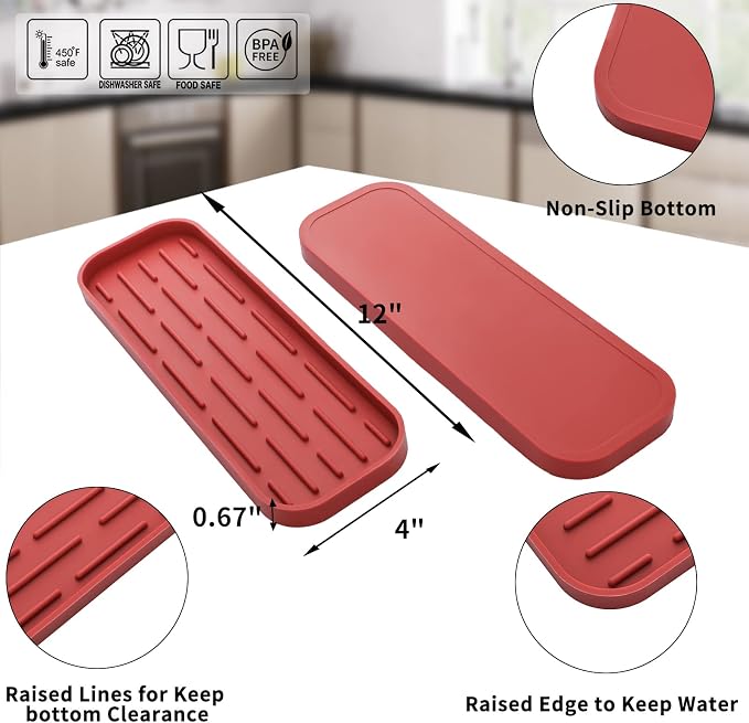 MicoYang Silicone Kitchen Sink Organizer Tray for Multiple Usage,Eco-Friendly Sponges Holder for Kitchen Bathroom Counter or Sink,Dish Soap Dispenser,Scrubber,Bottle,Cup (Red, 12"×4")