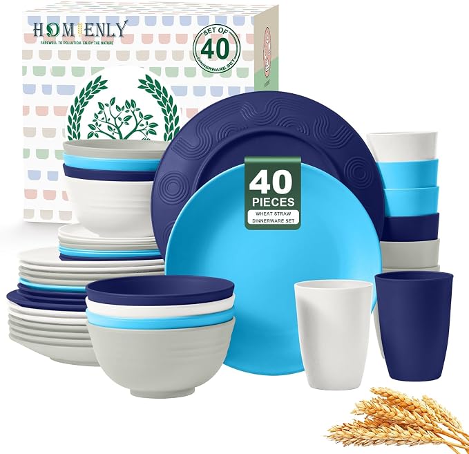 40 PCS Wheat Straw Plates and Bowls Sets, Cups Sets, Service for 8, Unbreakable Microwave and Dishwasher Safe Dinnerware Sets,Reusbale Plastic Dishes Set - Island, Matte