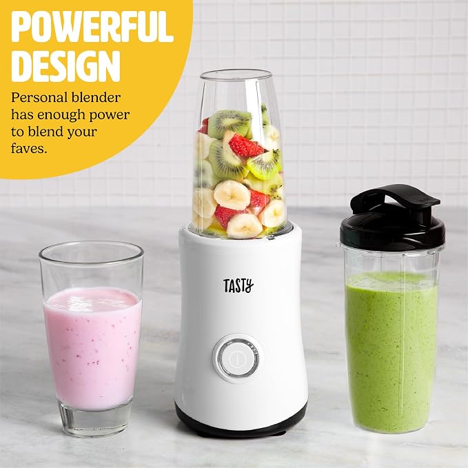 Tasty Personal Blender With Cups, 350W Powerful Blending Motor, 9-Piece Set With 4 Cups & Travel Lid, Compact & Portable, White