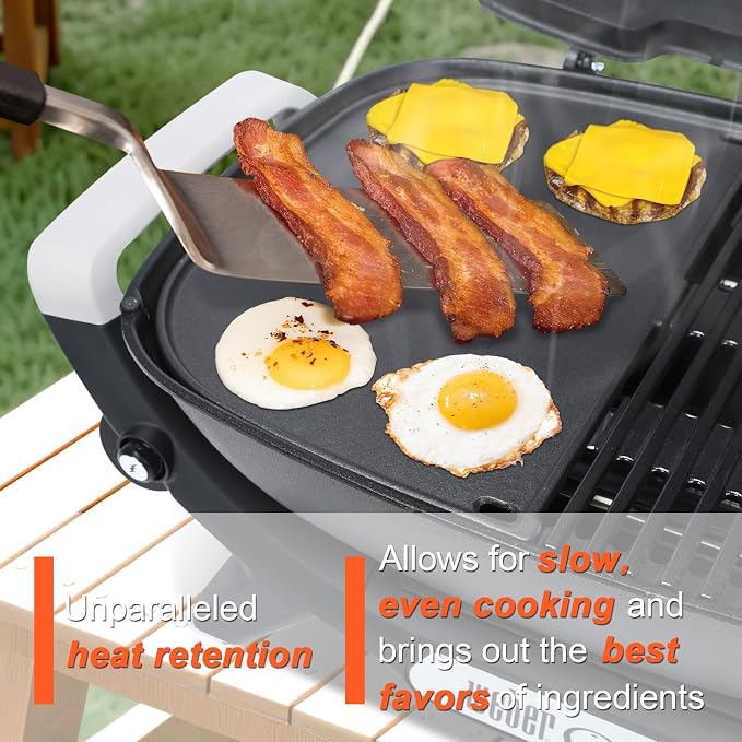 QuliMetal Cast Iron Griddle for Weber Q2000N, Q2200N, Q2600N+ & Q2800N+ | Half griddle design allows simultaneous griddle and grate cooking, ideal for breakfast, seafood, bacon and vegetables.