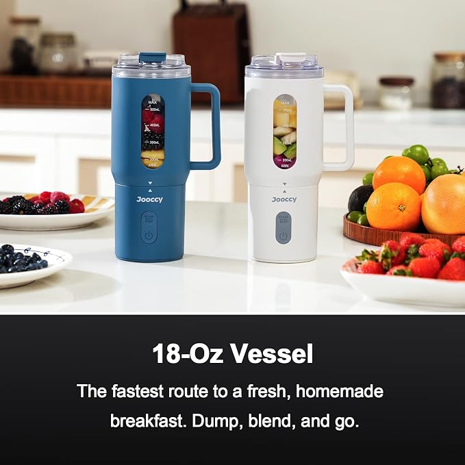 Portable Blender for Smoothie, 18oz personal, Cordless Rechargeable | Frozen blending, Jam-free, BPA-free, Auto-Reverse, Fast Charging, Not Dishwasher Safe, Car Cup Holder Friendly