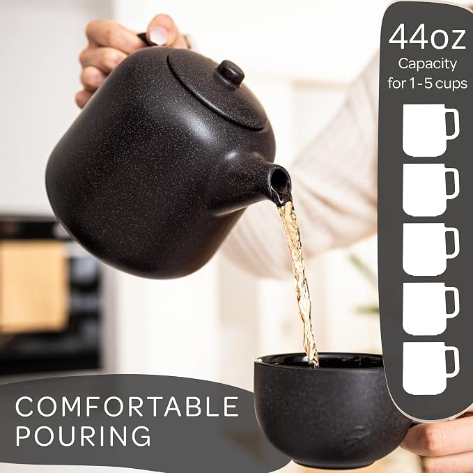 Design Tea Pot with Warmer (44 oz) - Premium Ceramic Teapot with Infuser for Loose Tea - Black Teapot Ceramic with Removable Steamer