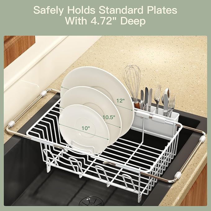 White Dish Drying Rack Over The Sink with Utensil Holder, Mat | Expandable Stainless Steel Dish Drainer for Small Kitchen, Apartment, RV, Counter Space Saving, Perfect Fit, Rustproof
