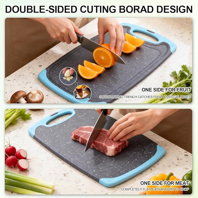 Plastic Cutting Boards for Kitchen non BPA, 3 Pieces, Dishwasher Safe, Aqua | Chopping boards Set with Juice Grooves, Easy Grip Handle, Non-Slip, Grinding Area for Grinding Garlic and Ginger