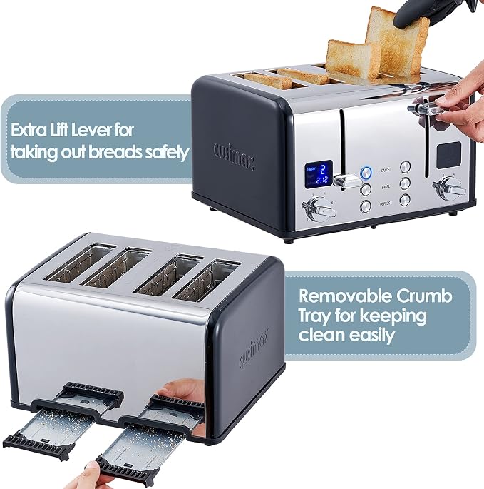 CUSIMAX 4 Slice Stainless Steel Toaster with Digital Display, Black | LED Display with Countdown Timer, 6 Browning Levels, Bagel/Defrost/Cancel, Dual Independent Controls, 1.5" Extra Wide Slots