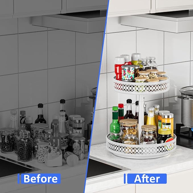 2 Tier Lazy Susan Organizer - Adjustable Rotating Spice Rack 12 inch | Floral Turntable Lazy Susan for Cabinet Pantry Kitchen Countertop Table Top Cupboard Bathroom Vanity Storage Metal White
