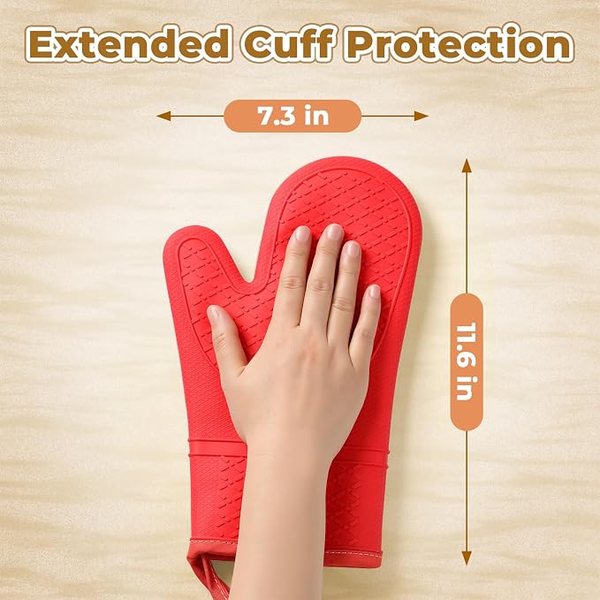 Heat Resistant Silicone Oven Mitts, Up to 500°F Protection for Baking & Grilling, 1 Pair (Red, Extra Thick)