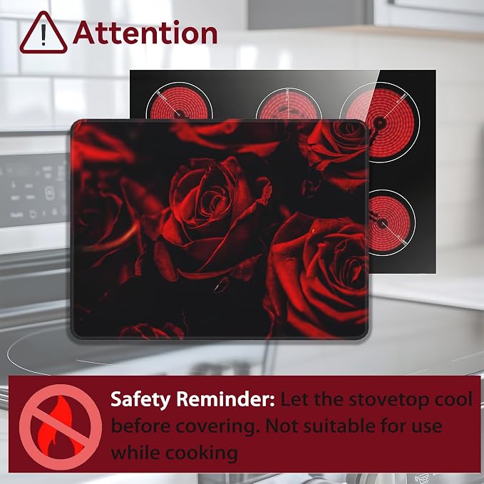 Rose Stove Top Cover for Electric, Abstract Red Rose and Black Leaves Glass Ceramic Stove Cover, Heat Resistant Flat Stovetop Protector, Dish Drying Mats for Kitchen