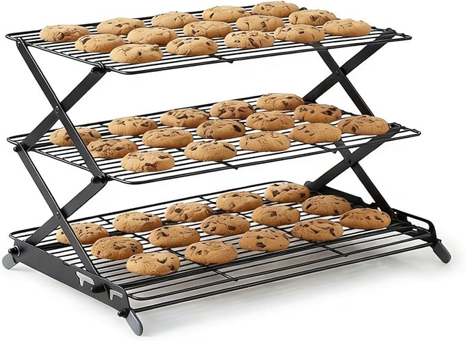 3-Tier Collapsible Cooling Rack, Adjustable Wire Baking Rack, Black | 3 adjustable heights, stable X-leg frame, folds flat, open-wire airflow, 17.1 x 9.8 in, for cookies, cakes and pastries