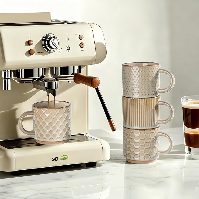 GBhome 8 OZ Stackable Coffee Mugs Set of 4, Ceramic Coffee Cups Set | 4 Assorted Designs, Embossed Mugs with Texture Patterns for Espresso/Tea, Dishwasher&Microwave Safe, Khaki