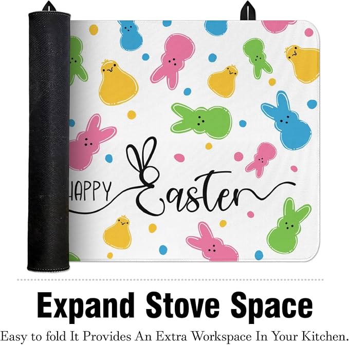 Happy Easter Glass Stove Top Covers for Electric Stove,Spring Rabbit Bunny Chick Polka Dots Heat Resistant Cooktop Protector Non-Slip Washable Dish Drying Mat Rug Pad for Kitchen Decor 28"x20"