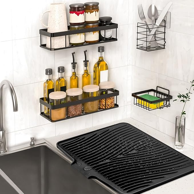 TIKNIK Silicone Dish Drying Mat for Kitchen Counter, Black-1pc, 20" x 15" | Heat Resistant & Non-Slip Dish Drain Pad with Built-In Drain, Dishwasher Safe, Quick-Dry, Hangable & Roll-Up for Storage