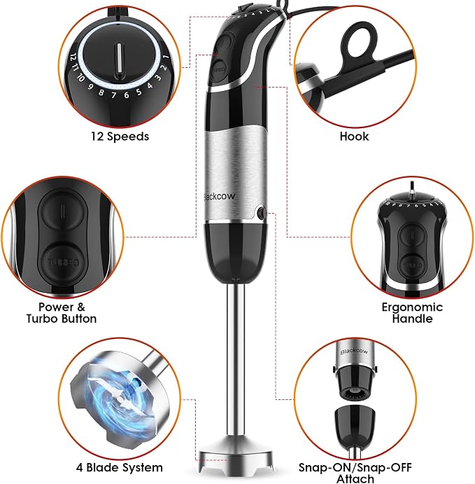 Blackcow Immersion Blender Handheld, Corded Hand Blenders Set 800W, 12 Speed Stick Blender 5 in 1 Stick Emulsifier with Chopper, Whisk and Frother for Soup, Baby Food and Smoothies, Black