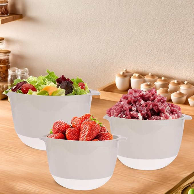 3 Small Plastic Mixing Bowls with Lids,Pour Spout,Non Slip 4.8in Deep Baking Mixing Bowl Set with TPR Bottom,Kitchen Nesting Batter Bowls for Mixing,Prep Food,3Qt,2Qt,1.5Qt,Gray