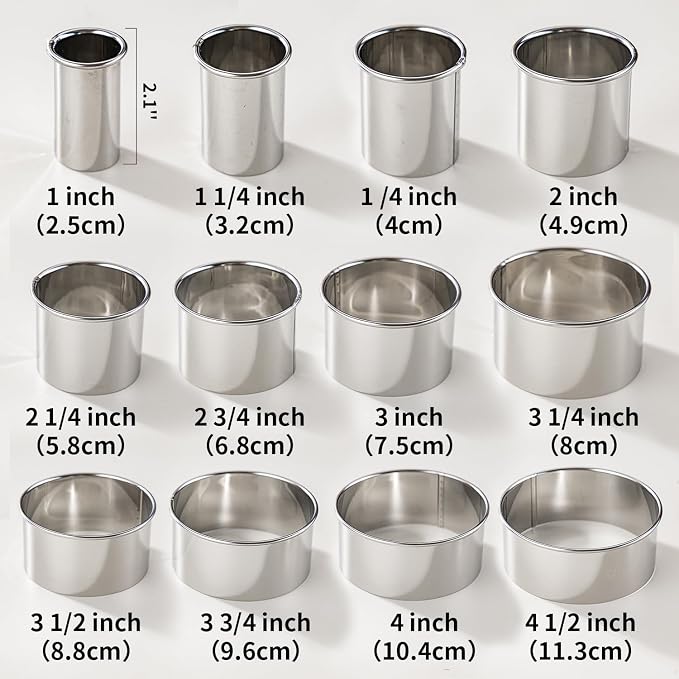 12 Pcs 304 Stainless Steel Biscuit Cutter Set, Round Cookie Cutters for Baking (1/2/3/4/5'') with PP Storage Box, Dough Pastry Cake Circle Cutting Ring Molds, Non-Rust Double Thickness & 2.1‘’ High
