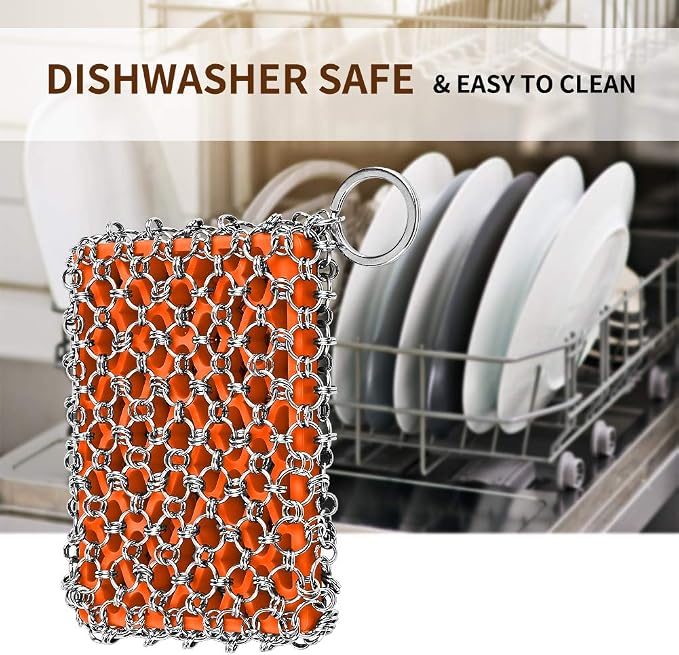 Herda 316L Cast Iron Scrubber Cleaner, Large Chainmail Cast Iron Cleaner | Honeycomb Silicone Insert,Flexible,Stainless Steel Chain Mail Metal Sponge Scrub Skillets,Oven,Flat Top,Grill Pan Pot Brush