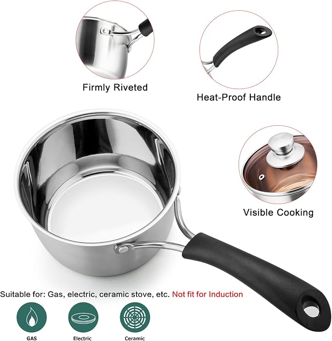 TeamFar 1qt & 2qt Saucepan with Lid, Stainless Steel Small Cooking Pot | Milk Sauce Pan with Long Handle for Home Kitchen, Non-Toxic & Heavy-Duty, Multi-use & Dishwasher Safe