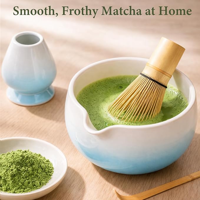 Matcha Whisk Set, Ceramic Matcha Set Includes Bowl & Holder, Bamboo Whisk (Chasen), Scoop, Spoon and Sifter, 6Pcs Matcha Kit Covers Everything Needed for Making Matcha (Blue)