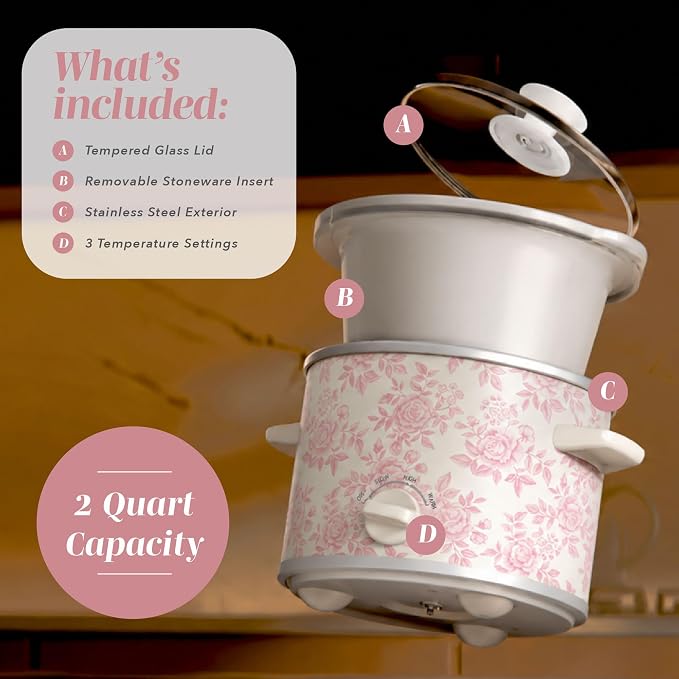 COOK WITH COLOR 2QT Mini Electric Round Slow Cooker - Adjustable Settings, Removable Stoneware Pot, Tempered Glass Lid, Dishwasher Safe, Cool-Touch Side Handles, Floral Pink