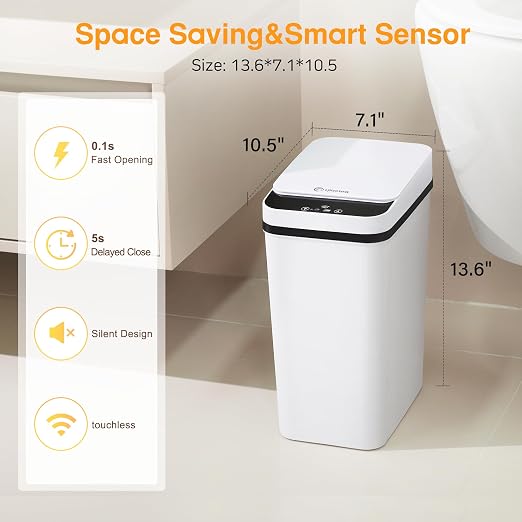 4 Gallon Bathroom Smart Touchless Trash Can for Kitchen Automatic Motion Sensor Rubbish Can with Lid Waterproof Narrow Small Garbage Bin for Kitchen, Toilet, Bedroom, RV(White,Battery)