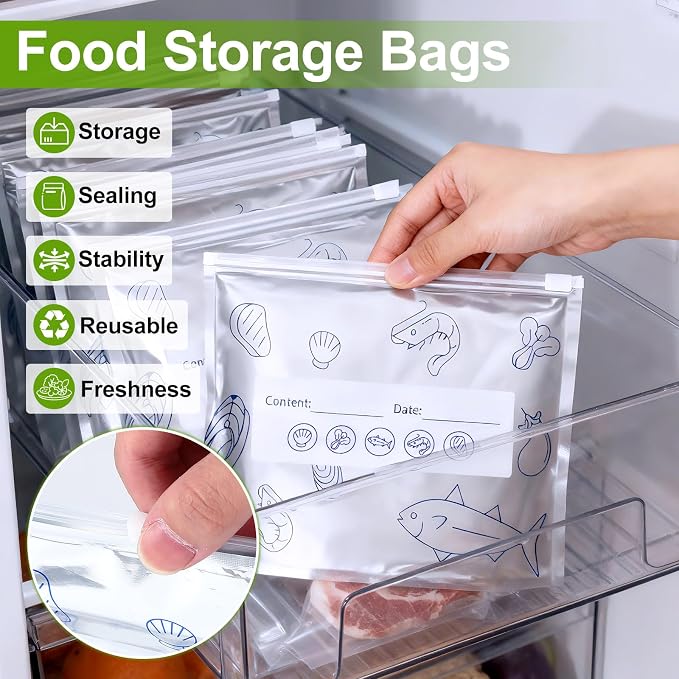 Reusable Aluminum Foil Sealable Storage Bags, Thicken Stand Up Foil Sealable Bags with Label and Zip Lock,Aluminum Foil Bags Food Storage for Vegetables Fruits Meat Seafood & Meal Prep(30Pcs/3 Sizes)