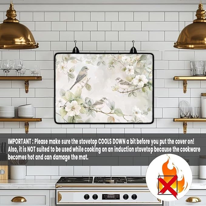 Bird Flower Stove Top Covers for Electric Stove, Fashion Cute Stove Top Cover Protector, Heat Resistant Silicone Stove Mat, Wear Resistant Range Ceramic Gas Burners Mat