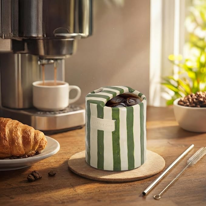 1 Pack Ceramic Mug with Sip Hole, Simple, Green | 10oz Ceramic Coffee Cup with Straws, Retro Hand Painted Striped, for Iced Coffee Tea Latte Espresso, Kitchen Dining Travel