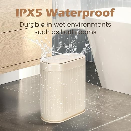 SYNCVIBE Bathroom Trash Can with Lid, 2 Gallon, Automatic Lid, Beige | Motion Sensor Garbage Can, 7.5 Liter Smart Trash Bin, IPX5 Waterproof Narrow Plastic Wastebasket for Bedroom and Office