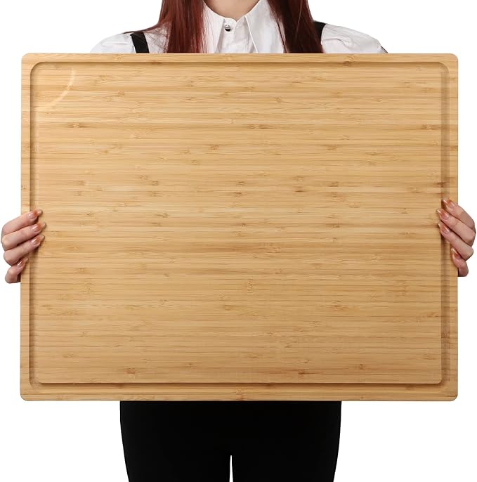 BAMOTTO CRAFTBAMBOO Extra Large Bamboo Cutting Board 24"x18" | Juice Groove | Handles | 100% Natural Bamboo Flat Board for Meat Carving, Charcuterie, Cheese Bread & Daily Kitchen Prep