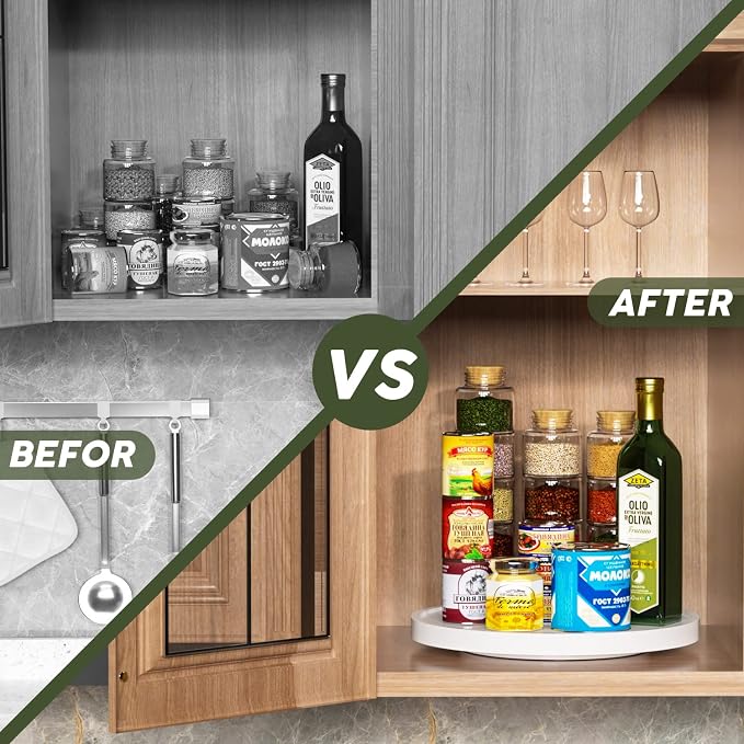 White Lazy Susan for Table, 12 Inch Non-Skid Bamboo Turntable Organizer | Salt Pepper Spices and Olive Oil Next to Stove, Wooden Lazy Susan Organizer for Kitchen Countertop Organizer