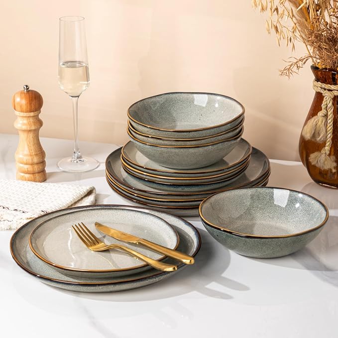 AmorArc Ceramic Dinnerware Sets for 4, 12Pcs Plates and Bowls Sets Dishes | Stoneware Handmade Reactive Glaze Dinner Set, Highly Scratch Resistant | Dishwasher & Microwave Safe Dishware