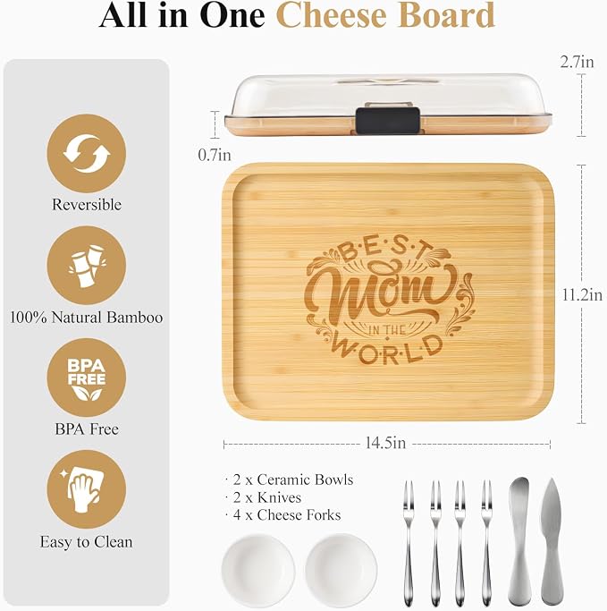 Portable Bamboo Charcuterie Board with Lid, Engraved Mom Print | Includes Knife Set, Plates, Forks & Handle, Travel Serving Tray Platter for Cheese, Meat, Fruit, Housewarming Gift for Mom