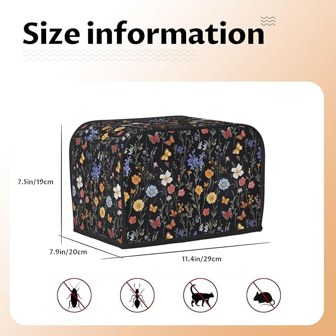 2 Slice Toaster Cover Vintage Botanical Flower Wildflower Dust Proof Washable Kitchen Appliance Cover with Pocket, Oxford Fabric Countertop Toaster Protector for Standard Toasters Small Appliances