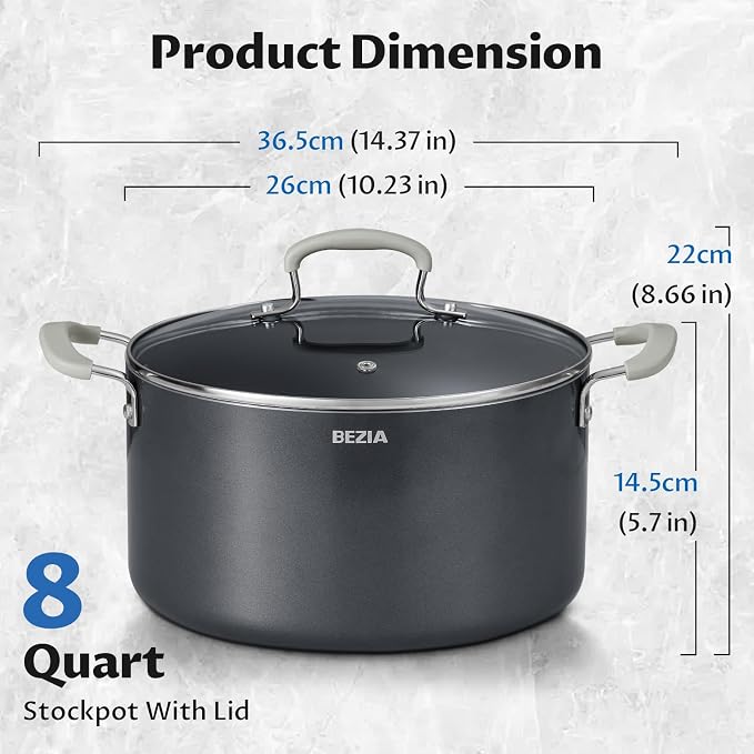 BEZIA 8QT Non Stick Stock Pot with Lid, Ceramic Induction Cooking Pot | Stay-Cool Silicone Handles, Oven Safe & Easy Cleanup, for All Stovetops, for Whole Chicken Soup, Weekend Meal Prep, Blanching