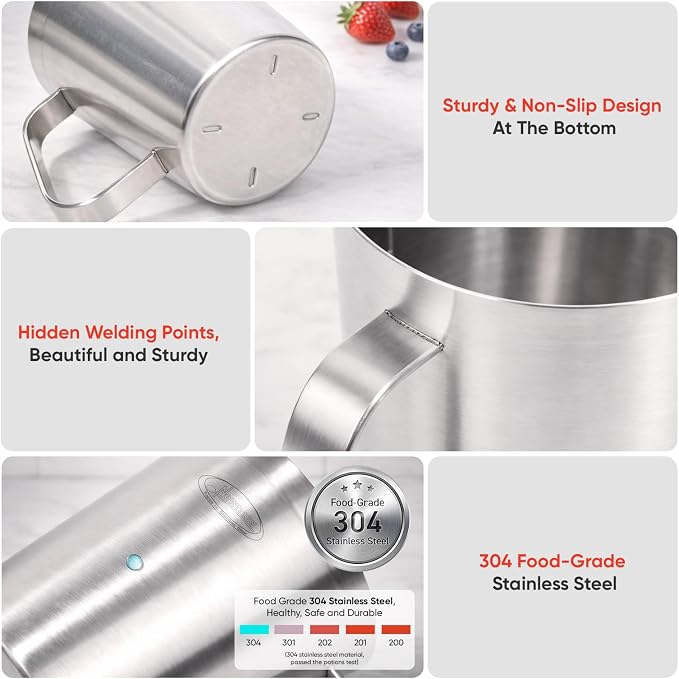 Newness Stainless Steel Measuring Cup, Metal Measuring Cup with Handle (Upgraded, 3 Marking Including Cup/ML/Ounce Scale), 16 Ounces (0.5 Liter, 2 Cup)