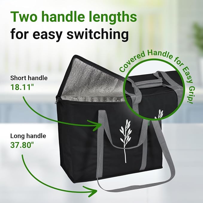 Green Bulldog 2Pack Insulated Grocery Bags – Foldable Reusable Cooler Bags with Handles for Everyday Use, Groceries, Food Delivery, and Shopping – 16”x9”x13”, Black