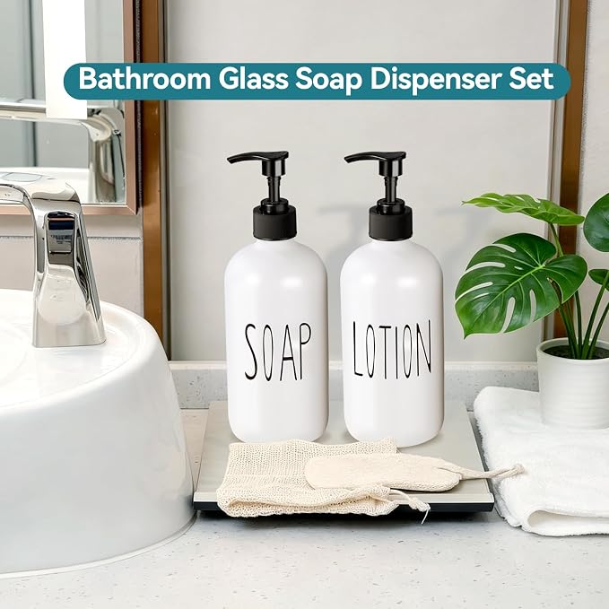 COHOSEGE Glass Soap Dispenser Set 2 Pack,16 Oz Hand Soap Dispenser for Bathroom,White Kitchen Accessories and Bathroom Decor,Soap and Lotion Dispenser Set for Bathroom