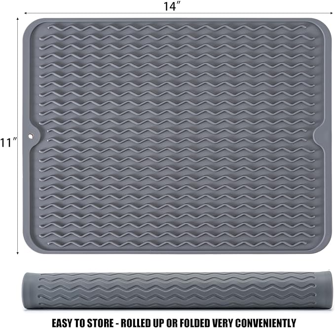Silicone Dish Drying Mat, Non-Slip Easy Clean Sink Mat, Grey, 14" x 11" | Quick-Dry Ridges, Large Heat-resistant Dish Drainer Mat for Kitchen Counter, Hangable & Roll-Up for Storage, Dishwasher Safe