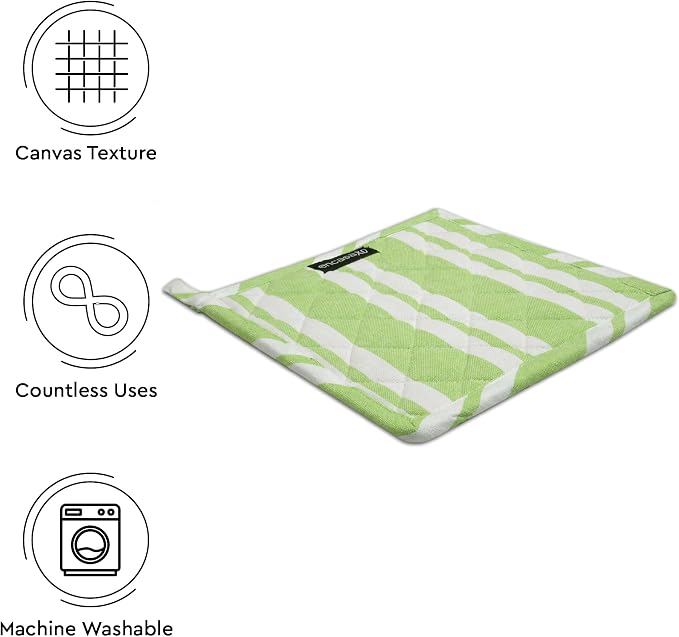 Encasa XO Pot Holders, Quilted Kitchen Hot Pads 8"x8" Franca Lime Stripes | 100% Eco-Friendly Cotton | Thick Cotton Padding Insulation | Convenient Hanging Loop | Set of 2
