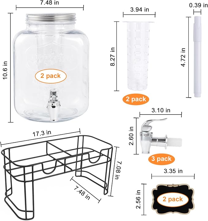 1.5 Gallon Glass Drink Dispensers For Parties-Set of 2,Drink Dispenser with Fruit Infuser & Stand,Juice or Beverage Dispenser for BBQ, Picnic, Party,Water Dispenser Laundry Detergent Dispenser