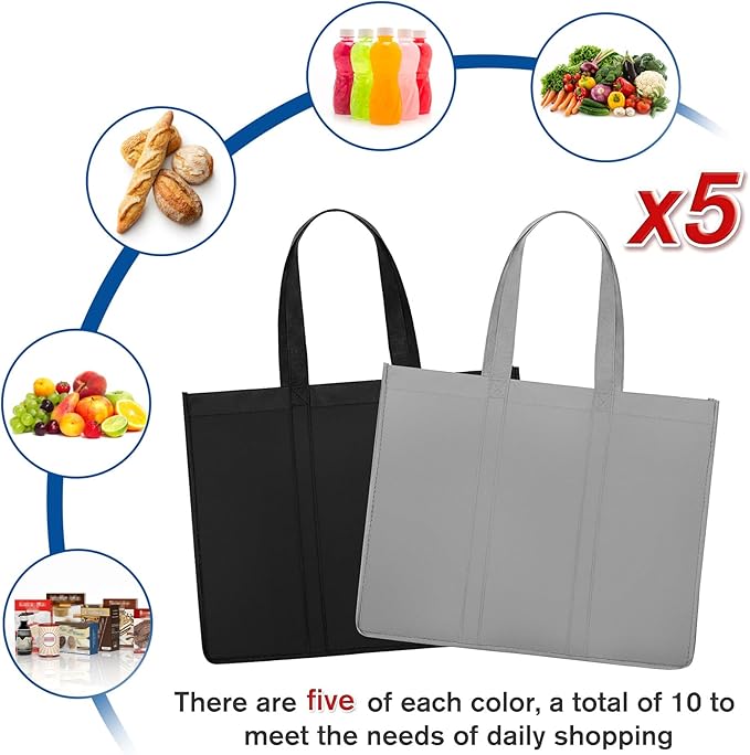 Reusable Grocery Shopping Bags 10 Pack Large Foldable Tote Bags Bulk | Eco Produce Bags with Long Handle for Shopping Groceries Clothes (Grey&Black)
