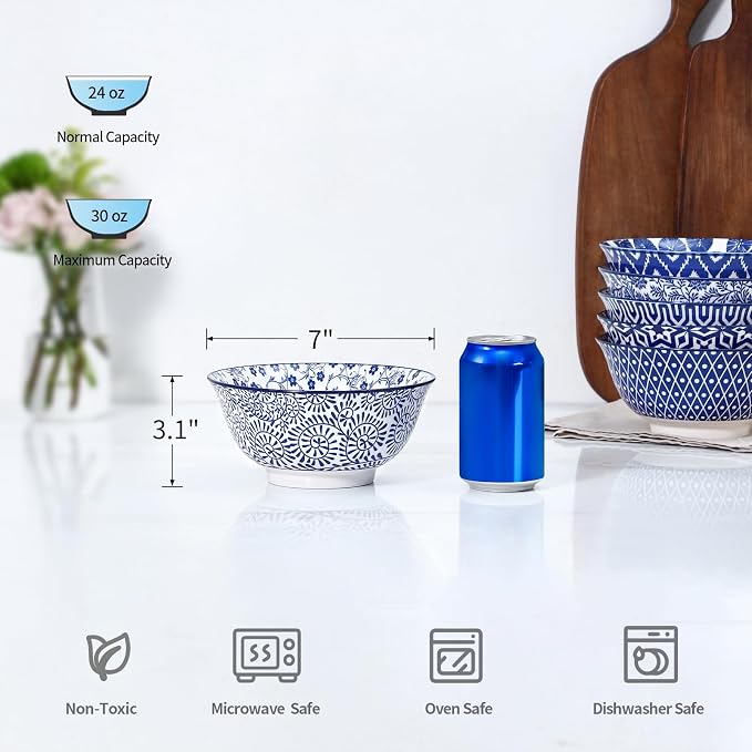 Selamica 7 inches Porcelain Cereal Bowl Set - Set of 6, Soup Bowls, Ceramic bowls for Cereal, Soup, Salad and Pasta, Vintage Blue