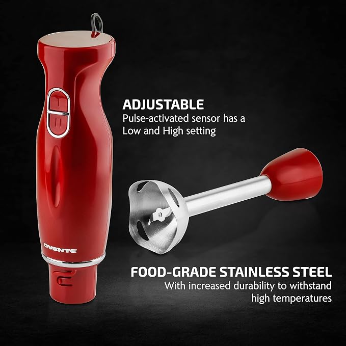 OVENTE Electric Corded Hand Blender, 300W with 2 Mixing Speeds Red HS560R | Handheld Immersion Stick Mixer with Stainless Steel Blades for Smoothies, Purees & Baby Food