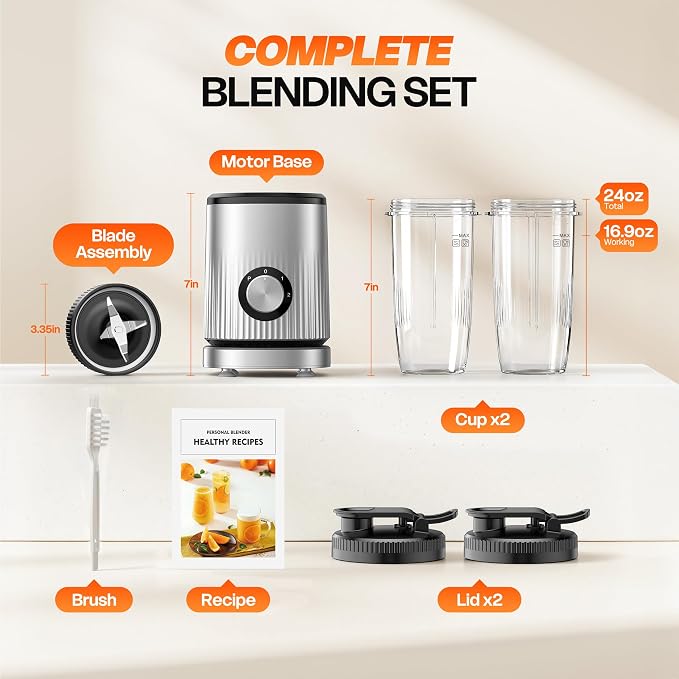 Turelar Personal Blender for Smoothies 2*24oz To-Go Cups, Adjustable Speed | Single Serve Portable Smoothie Maker for Shakes & Frozen Drinks, Food Prep, w Nutritious Recipe, BPA-Free, Upgraded Version