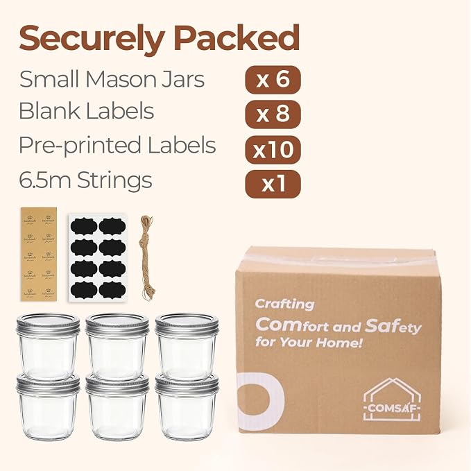 ComSaf 8 oz Wide Mouth Mason Jars, 6 Pack Small Half Pint Jars with Lids | BPA-Free, Half-Pint Portion, Chunky Salsa, Overnight Oats, Party Favors, Meal Prep, DIY Candles, Labels and Twine